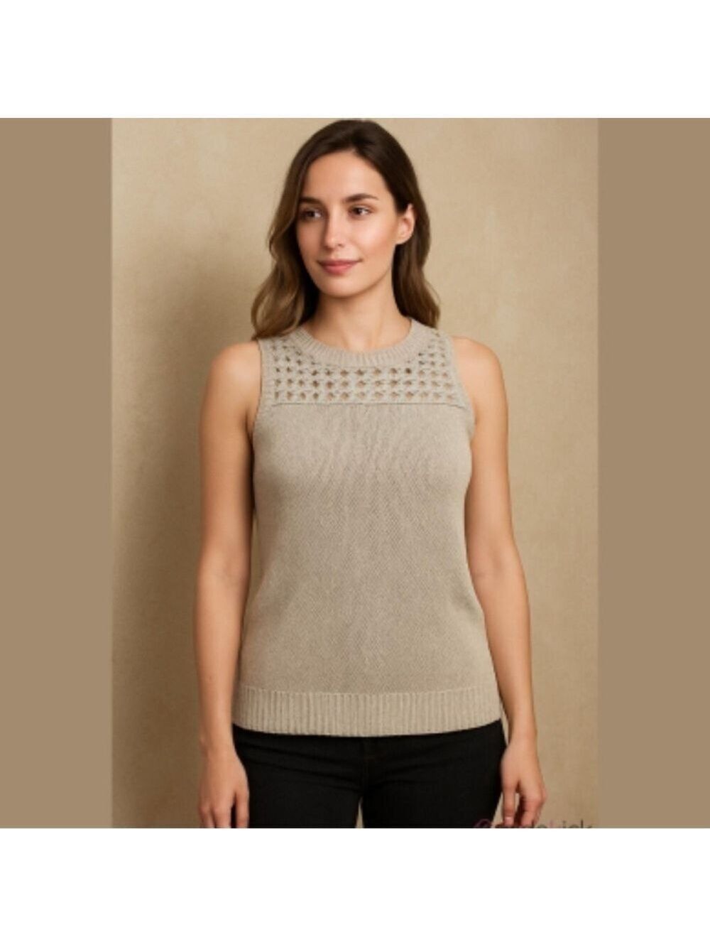 Loft Chunky Crochet Knit Sleeveless Sweater Tank Romantic Beige Sz LP